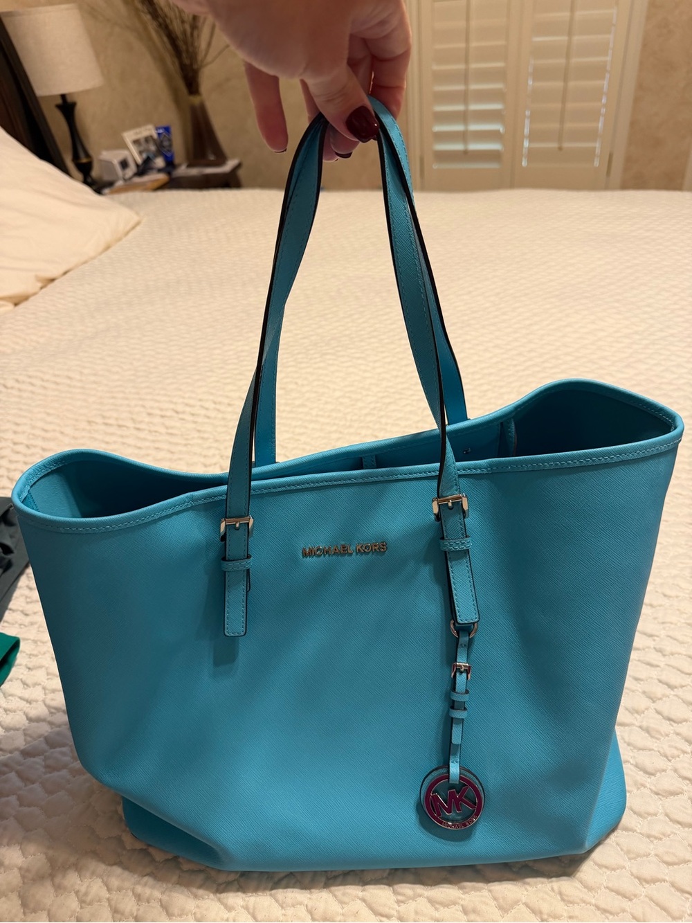 Michael Kors Turquoise Leather Tote with Logo Charm